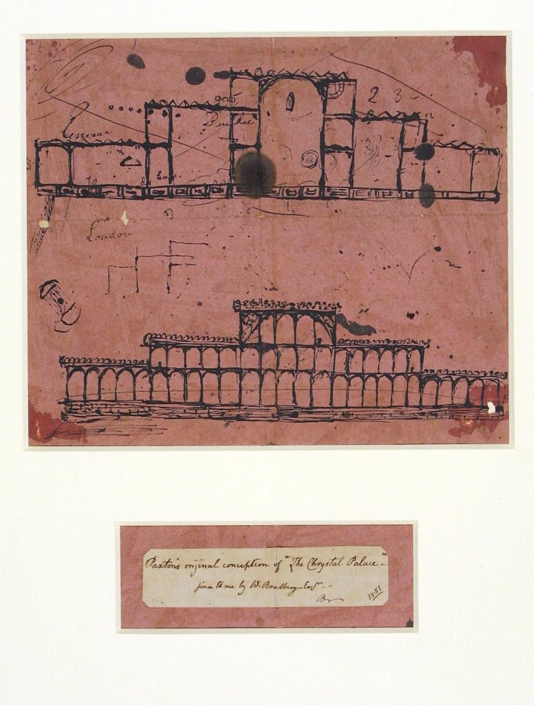 2 Факсимиле первого эскиза Большого выставочного здания, около 1850 года, перо и чернила на промокательной бумаге
